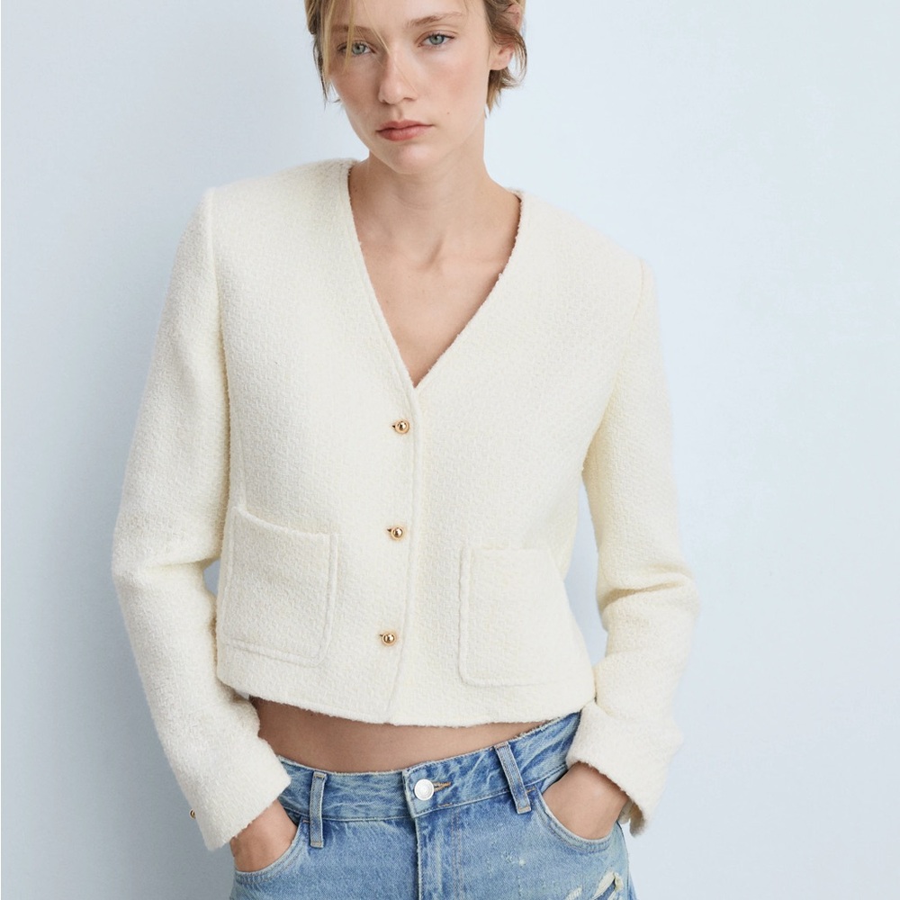 V-Neck Tweed Cream Women's Jacket